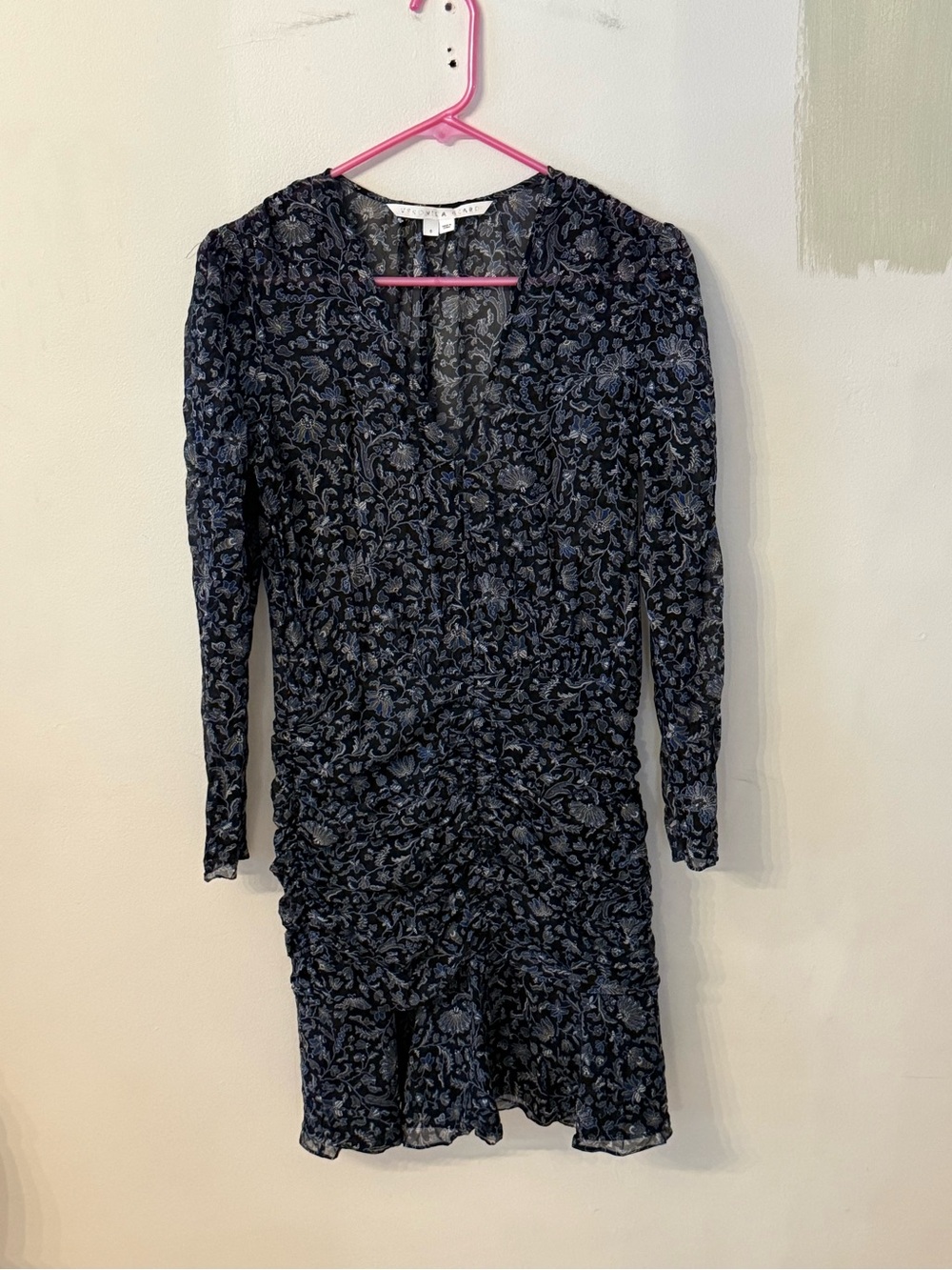 Veronica Beard Black Floral Ruched Long-Sleeve Mini Dress